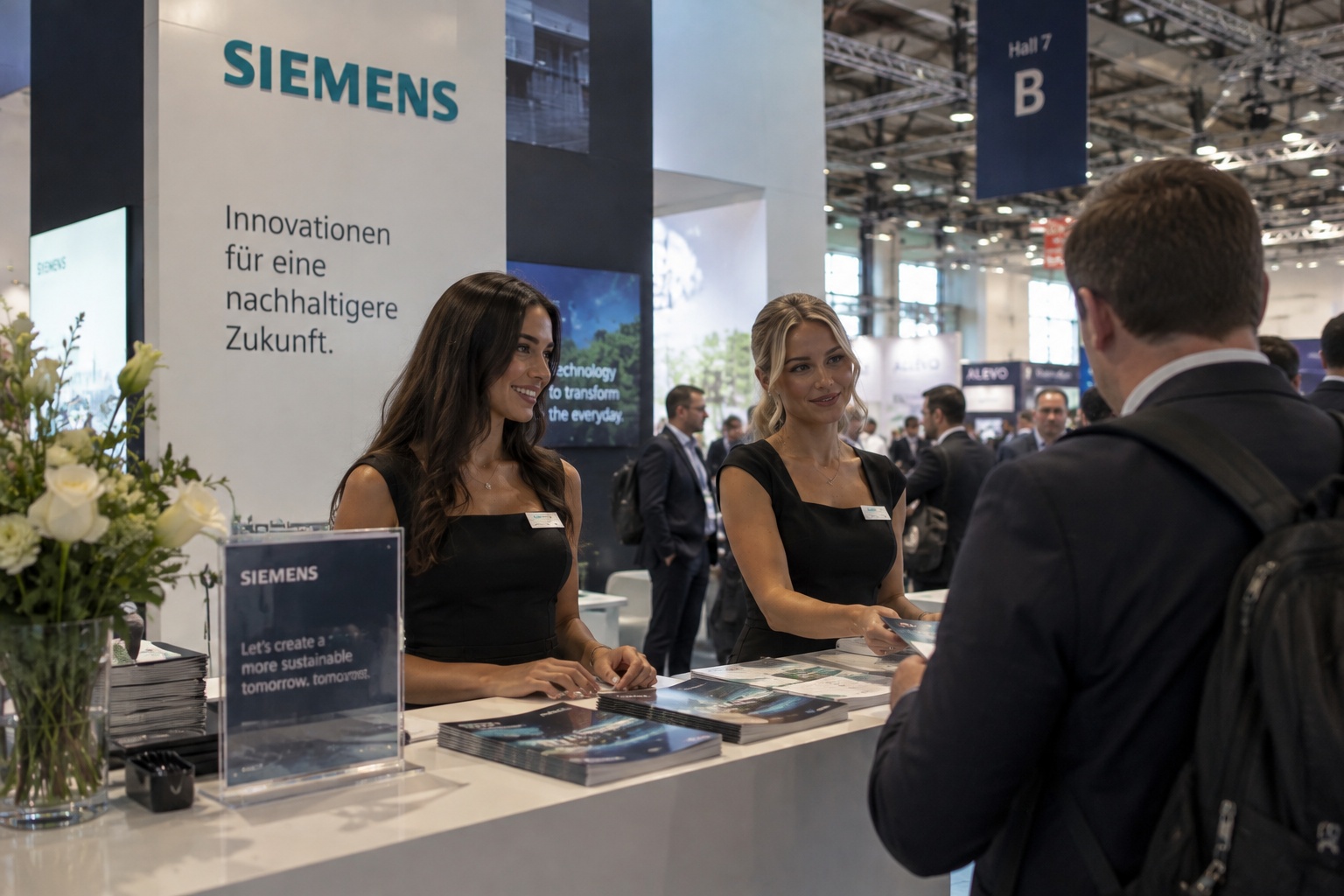 Messehostessen bei der Betreuung von Besuchern an einem Messestand